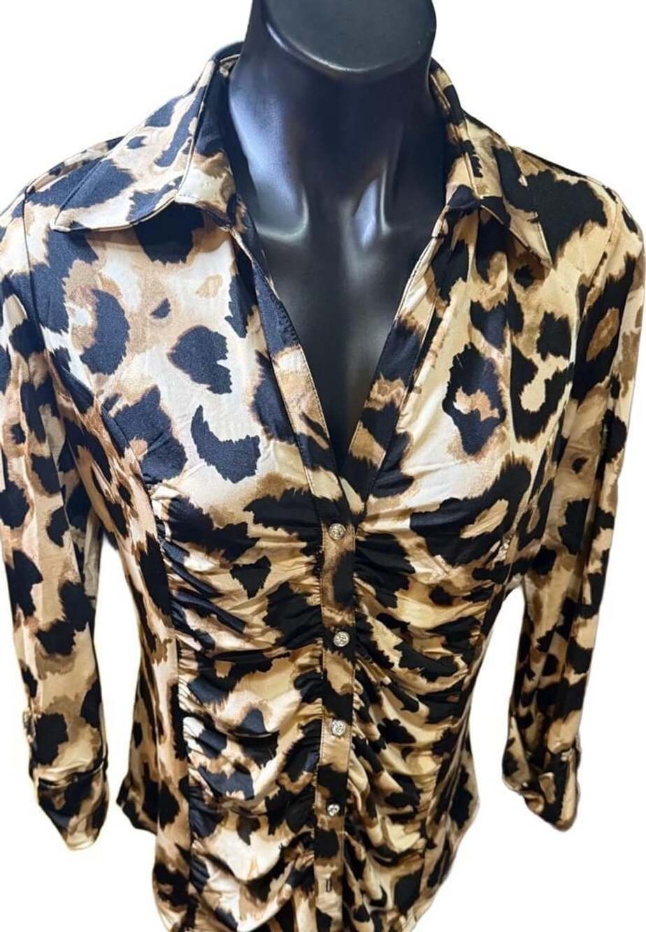 INC International Concepts Leopard Print Ruched Button Down Shirt
